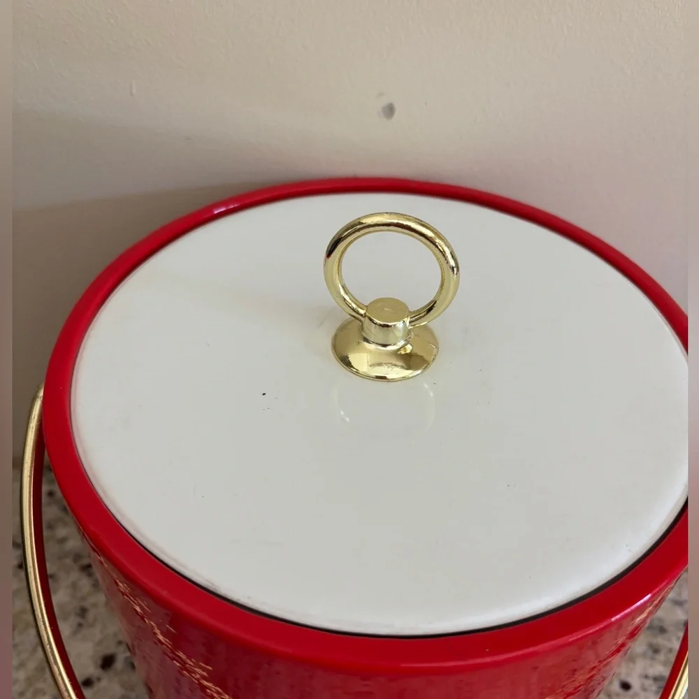 Vintage Mid-Century Bright Red Ice Bucket Barware USA Retro Mod Gold Handle